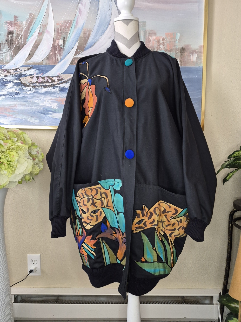 Vintage Silkscapes Black Floral & Animal-Print Oversized Bomber Jacket